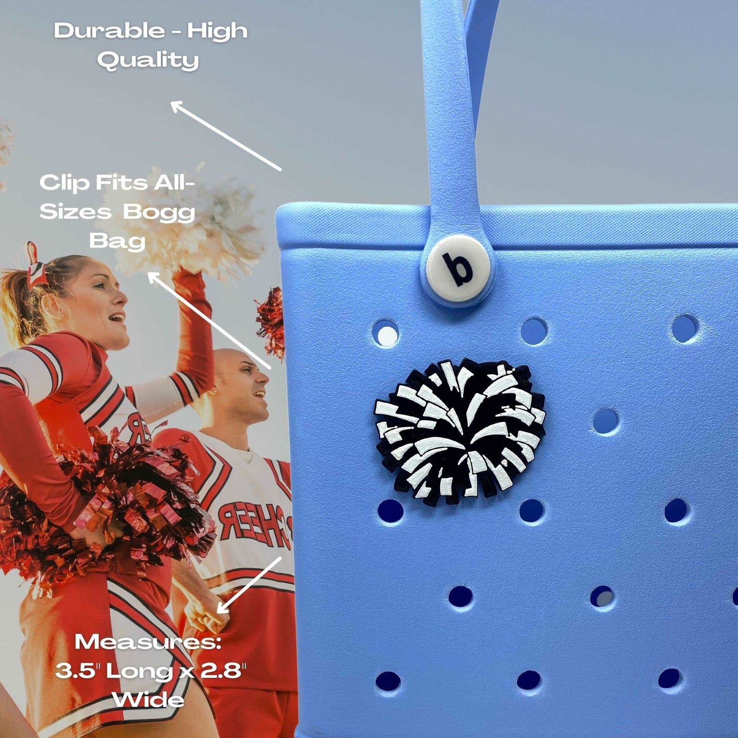 BOGLETS - Cheerleading Charm Compatible with Bogg Bags - Decorative Charm for Bogg Bags & Other Tote Bags (Black Pom Pom)