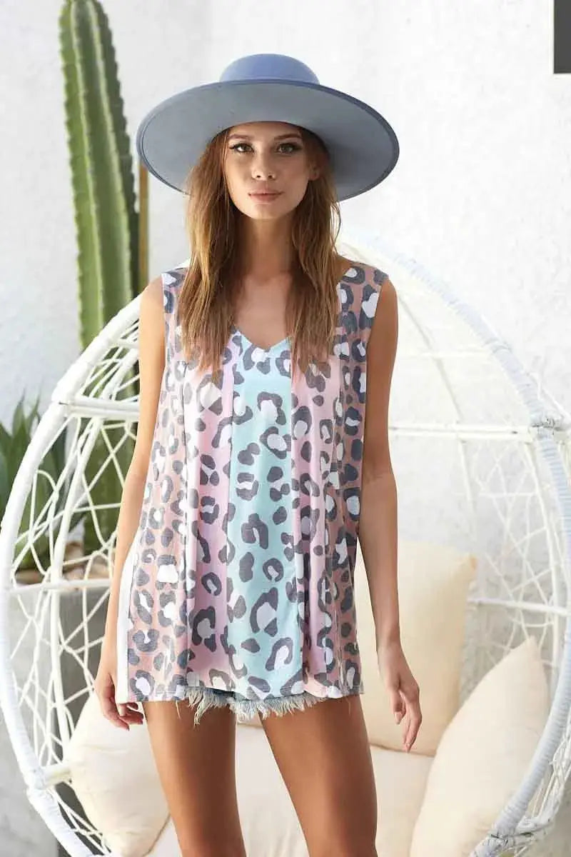 Sleeveless Tank Top - Leopard Color Block - Women's