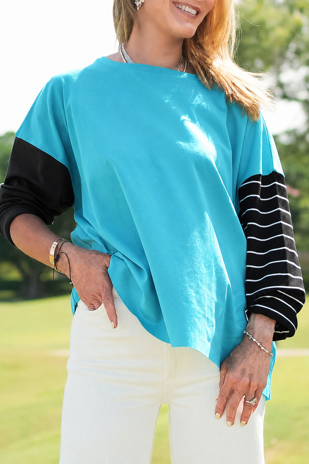 Pima Cotton Mixed Media Boxy T-Shirt - Capri