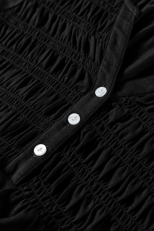 Solid Smocked Split V-Neck Buttoned Blouse