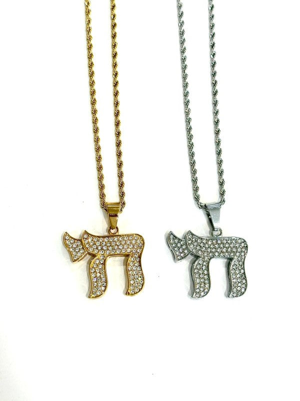 Crystal Chai Pendant Necklace Gold or Silver