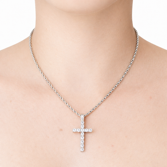 Angela Silver Rope Cross Necklace- 22"