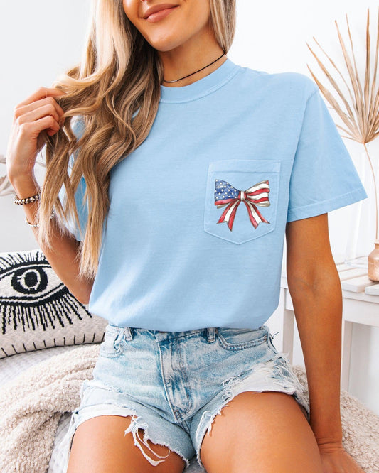American Flag USA Ribbon Comfort Colors Pocket T-Shirt – Independence Day & Memorial Day Patriotic Tee