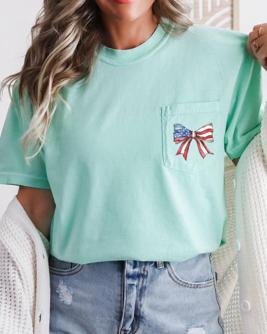 American Flag USA Ribbon Comfort Colors Pocket T-Shirt – Independence Day & Memorial Day Patriotic Tee