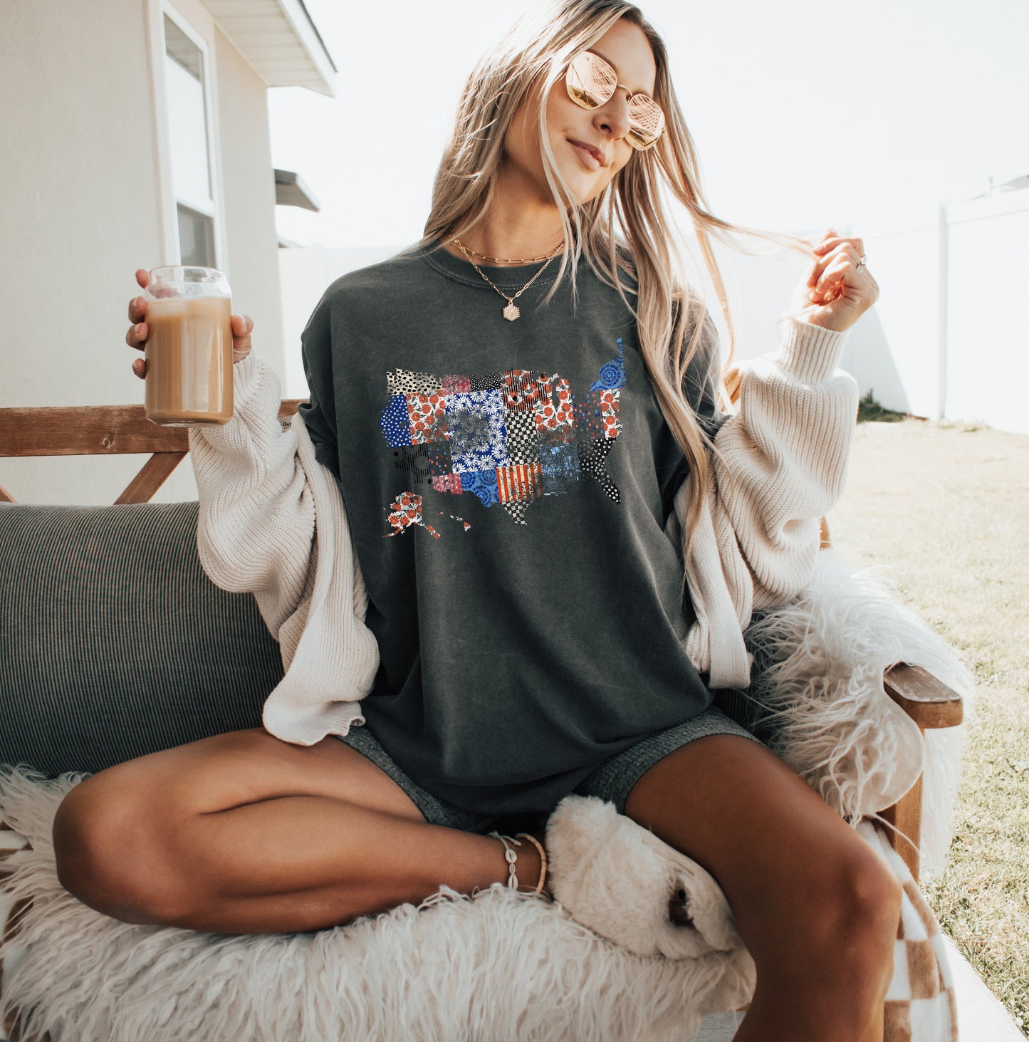 America map USA map Flag flower Garment Dyed T Shirt