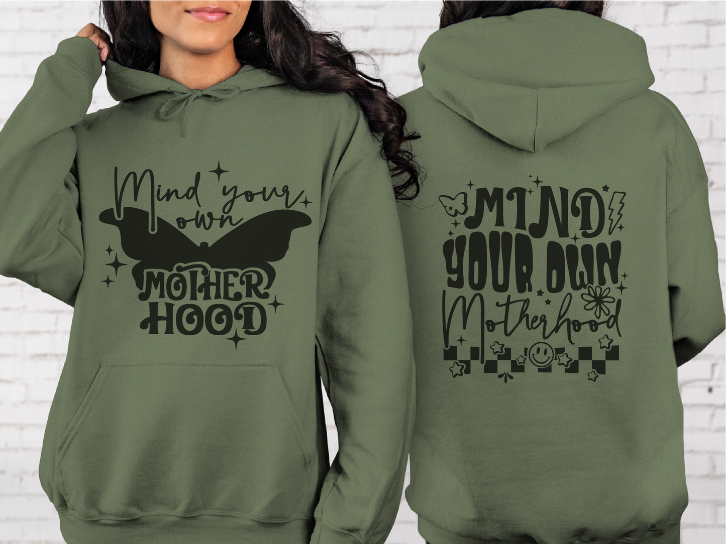 Mind Your Own Motherhood Gildan Hoodies In Ash, Sand or Military Green
