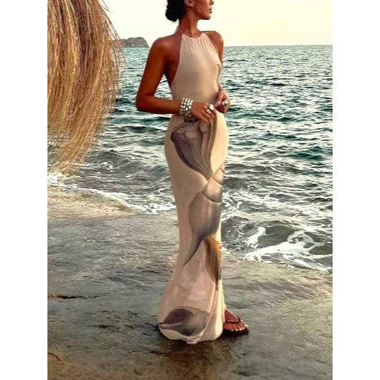 Beach Seashell Print Halterneck Mesh Maxi Dress [Sizes S-L]