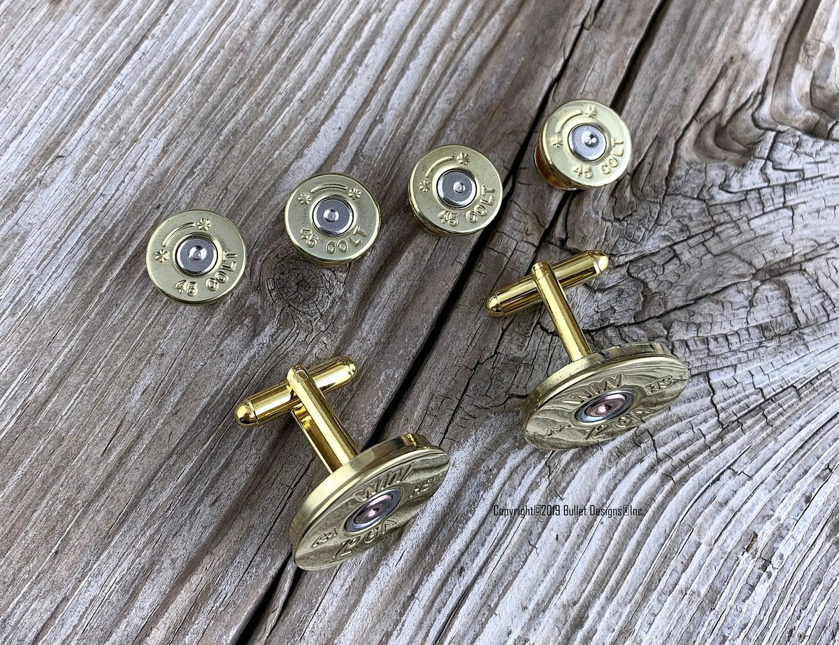 Bullet Tuxedo Studs and Shotgun Cufflinks set BRASS, 12 or 20 Gauge Shotgun Shell Cufflinks, Bullet Tuxedo Studs, Wedding, Groom, Groomsmen