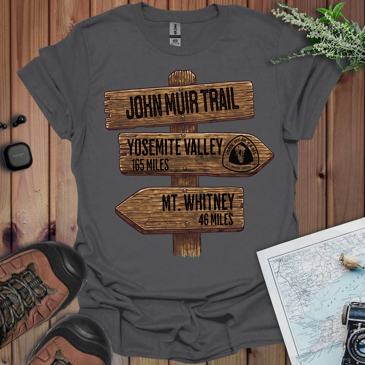 John Muir Trail T-Shirt Wood Sign 211 Miles