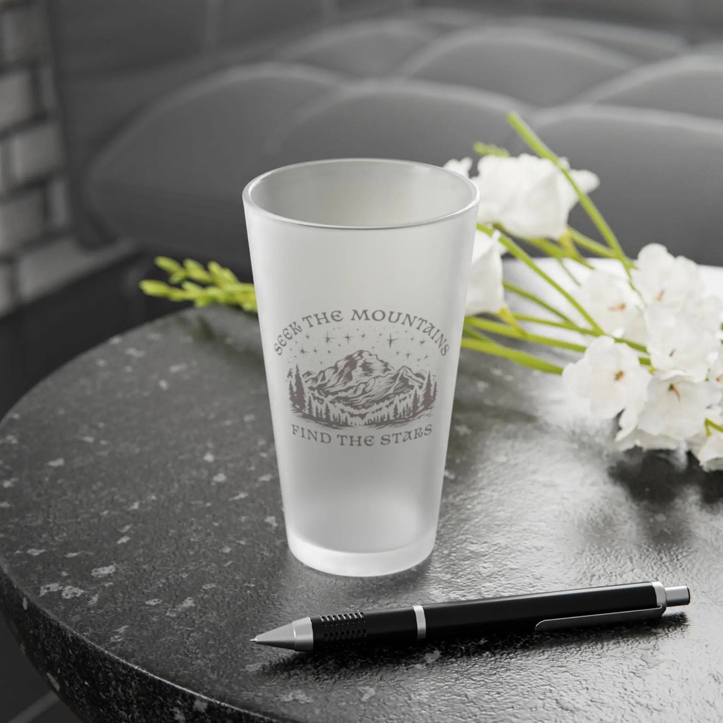 Seek The Mountains Find The Stars Frosted Pint Glass