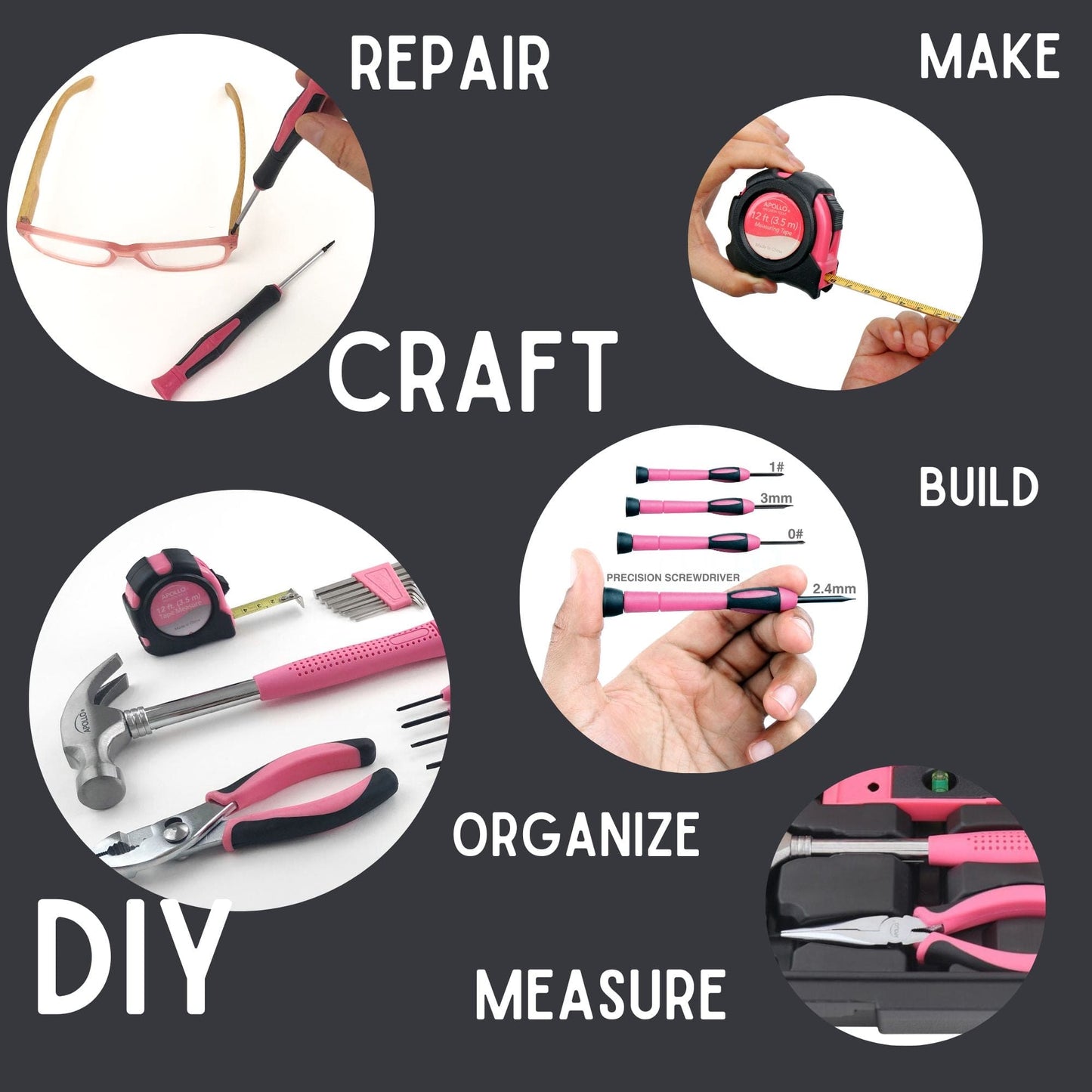 Apollo Tools New and Improved 39 Piece General Pink Tool Set in Storage Case for DIY Everyday Home Maintenance and Repairs- DT9711P