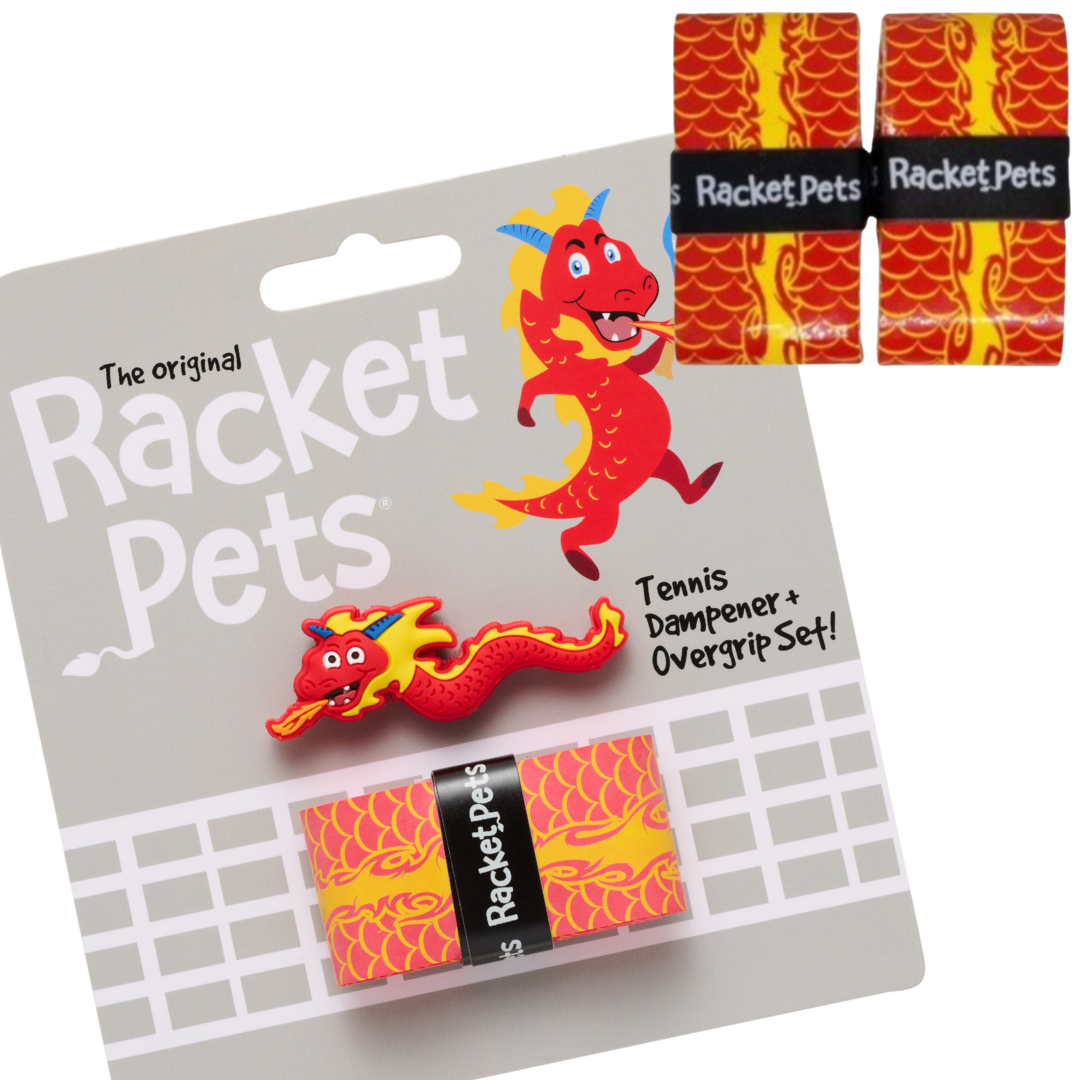 Value Pack - A Red Dragon Racket Pet Tennis Dampener and Overgrip Tape with a (Pack of 2) Replacement Overgrip Tape