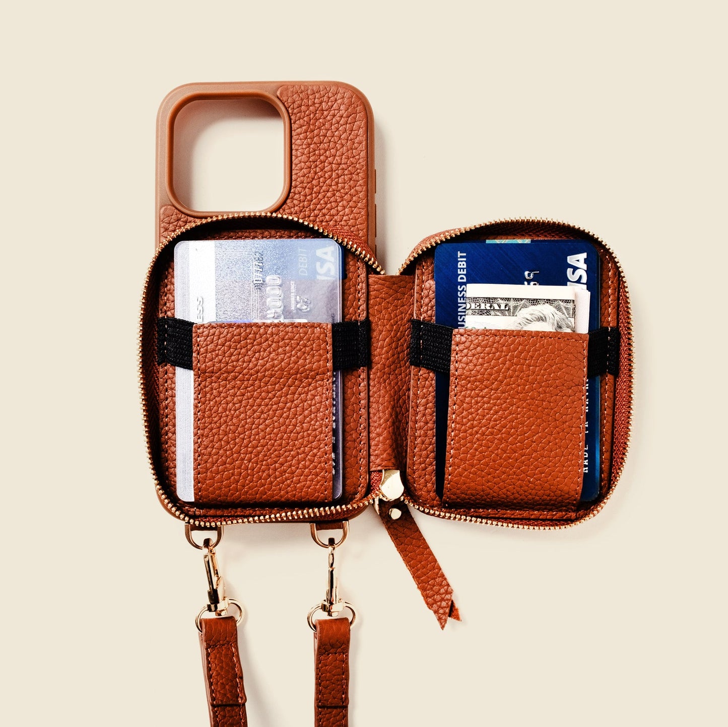 iPhone Case and Wallet with Long Strap - Tan