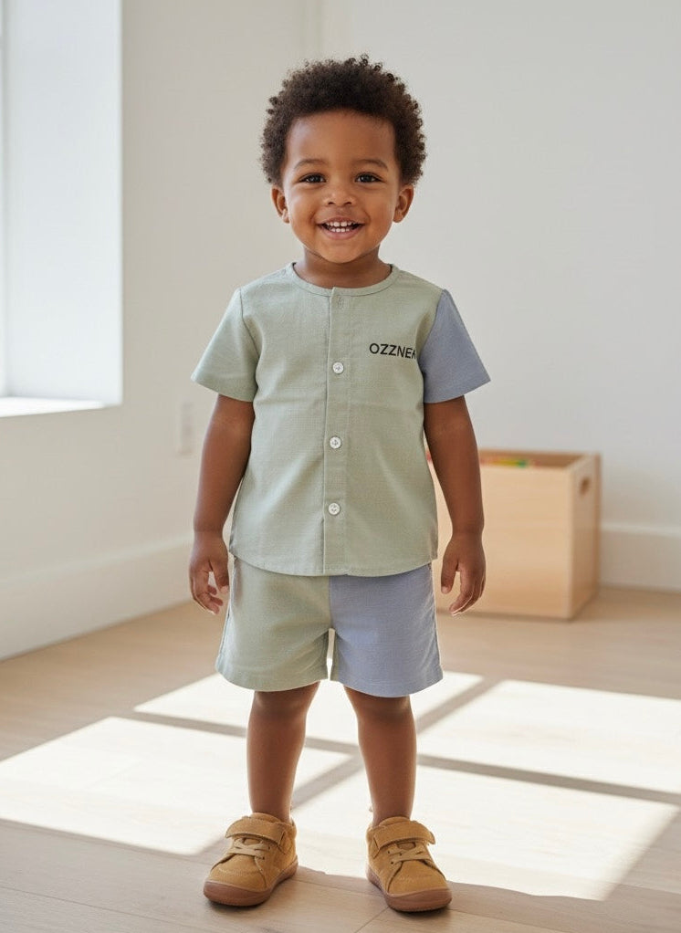 Sage Green Two-Piece Boys Linen Summer Set – Neutral Spring Outfit