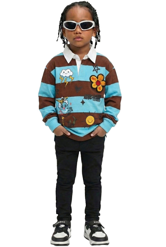 JORDY Kid's Long Sleeve Polo Shirt With Heavy Print Effects & Patch Works