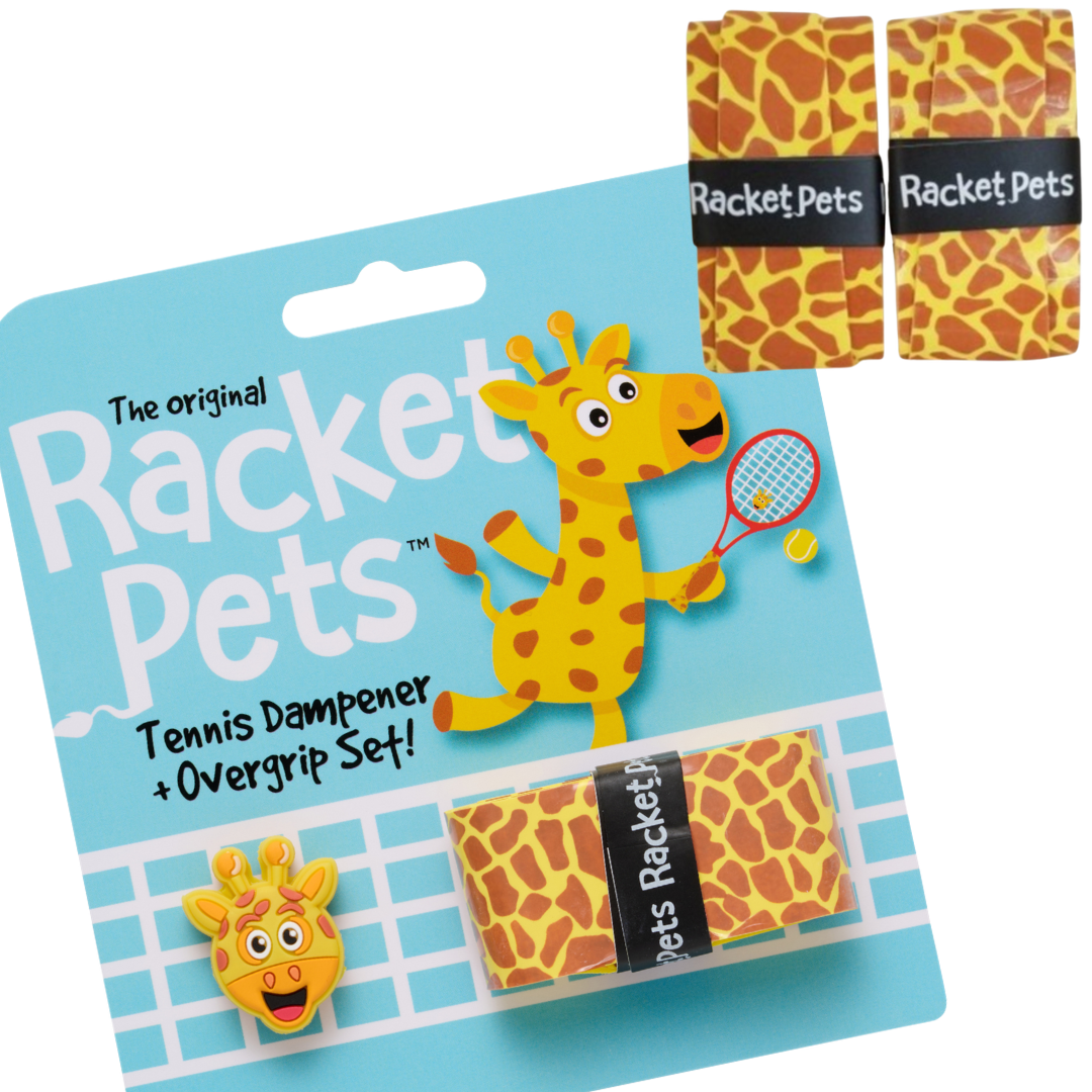 VALUE PACK - A Yellow Giraffe Racket Pet Tennis Dampener and Overgrip Tape with a (Pack of 2) Replacement Overgrip Tape