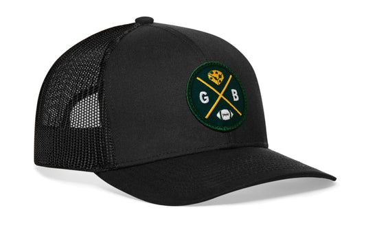 Green Bay Trucker Hat  |  Black GB X Football Snapback