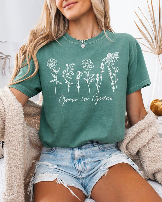 Grow In Grace Comfort Colors Christian & Flower Garment Dyed T Shirt