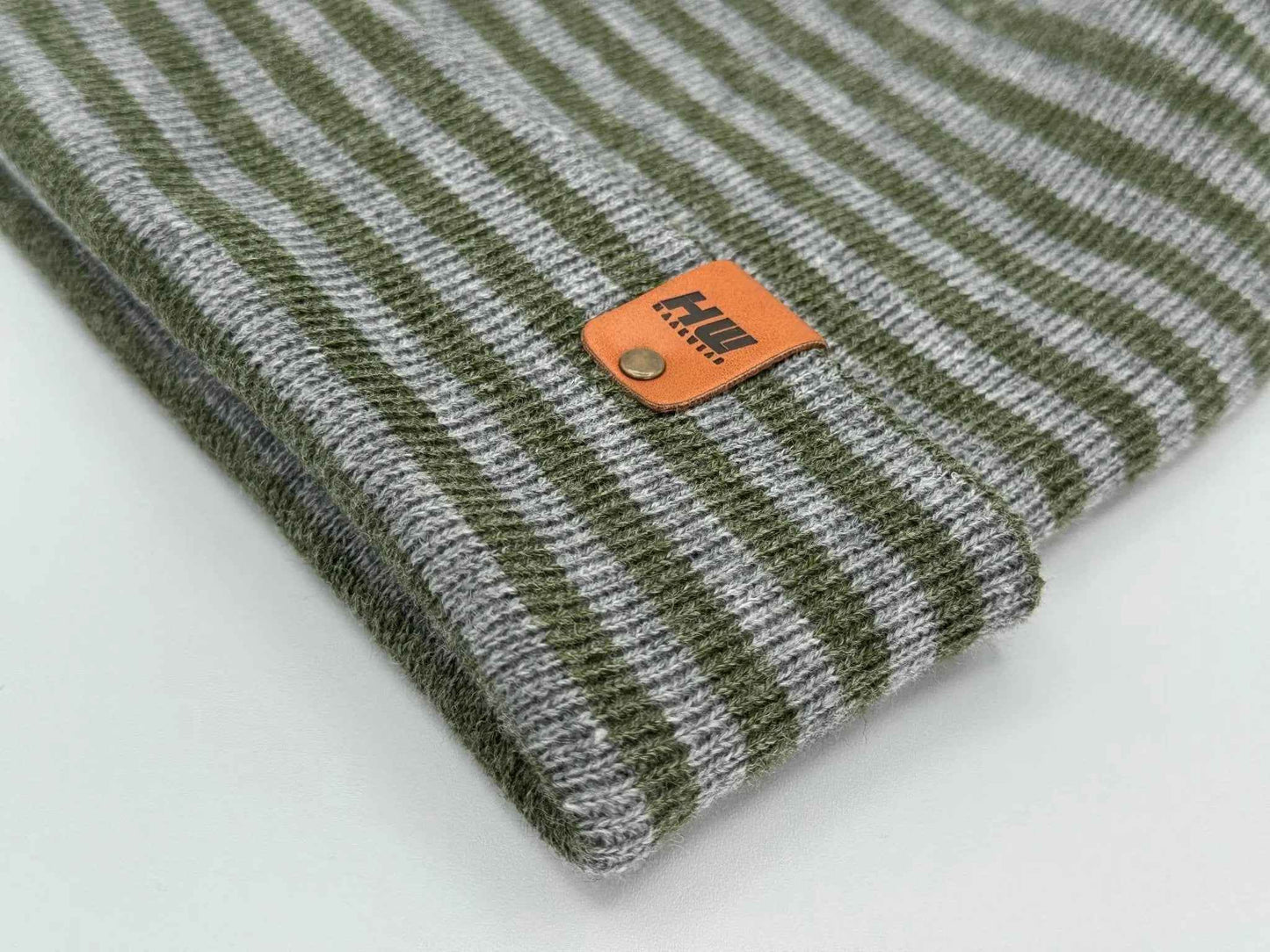 HAAKWEAR H Stitch RORO Cuffed Beanie (Patented Design) Gray / Green, Made in USA