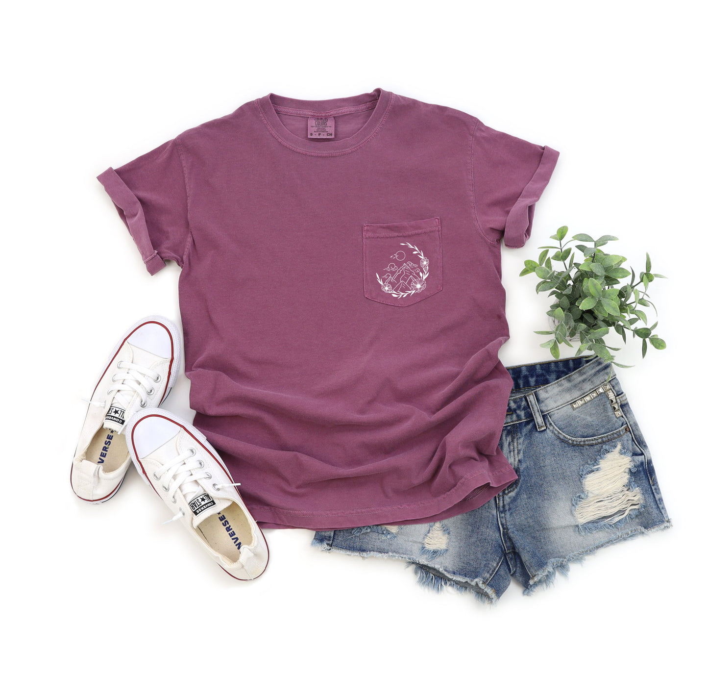 Half Moon Wildflowers Nature Mountain Comfort Colors Pocket T Shirt