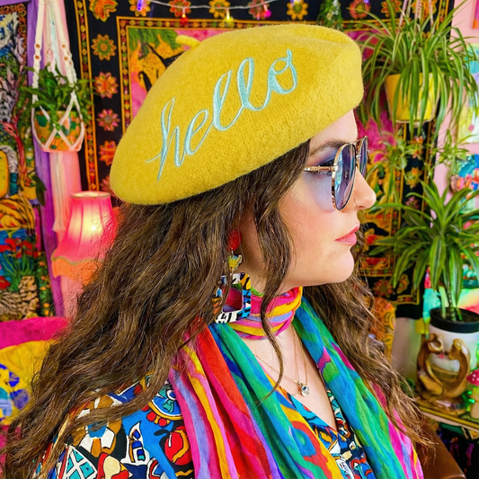Hello Embroidered Beret in Yellow
