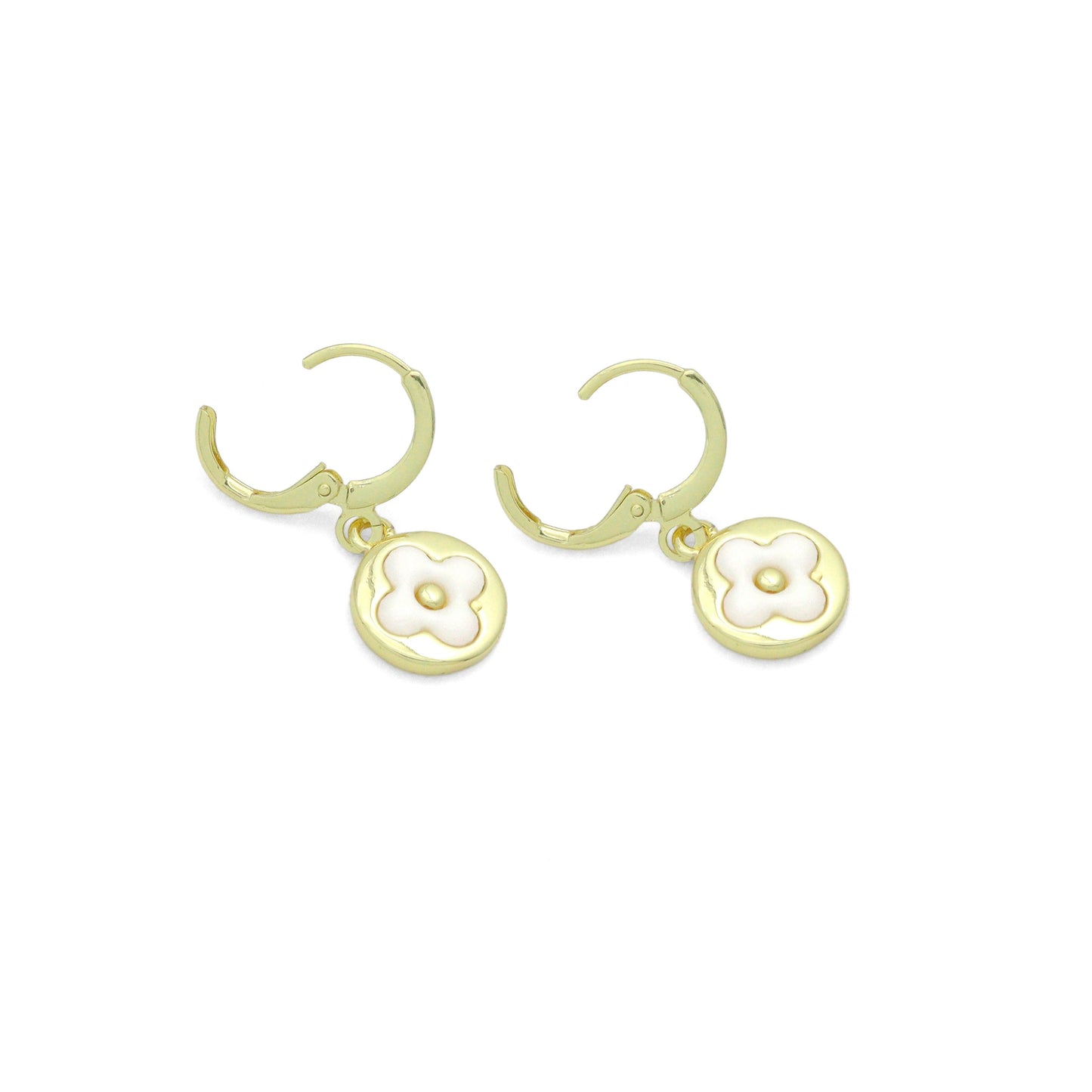 White Clover Gold Round Shape Hoop Earrings, Sku#LD776