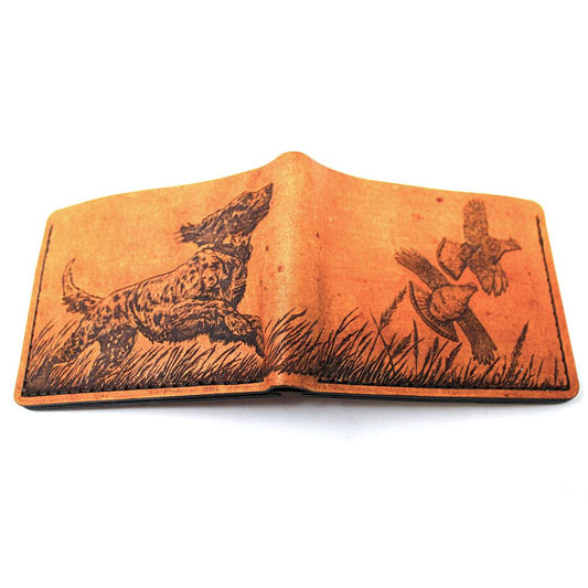 Handcrafted English Setter on Grouse Leather Bill Fold Wallet - Made to Order in USA