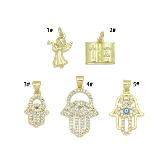 Bible Angel Gold Evil Eye On Hamsa Hand Charm Pendant, Sku#LK1305
