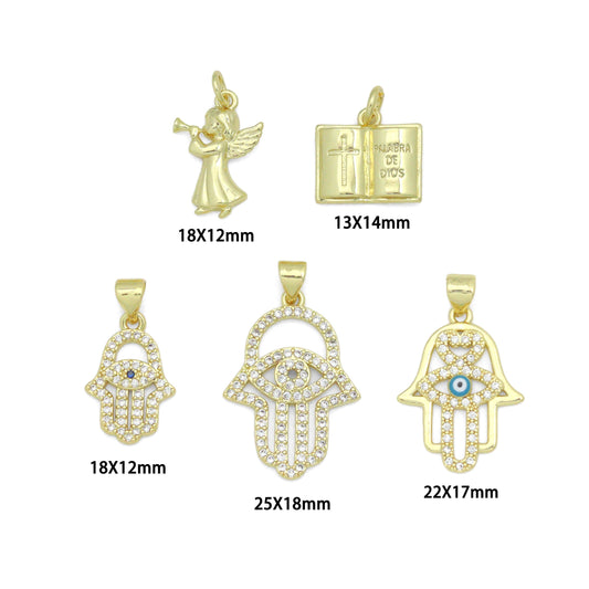 Bible Angel Gold Evil Eye On Hamsa Hand Charm Pendant, Sku#LK1305