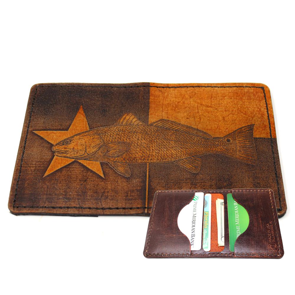 Handcrafted Leather Original Mens Wallet -  TX Flag Redfish