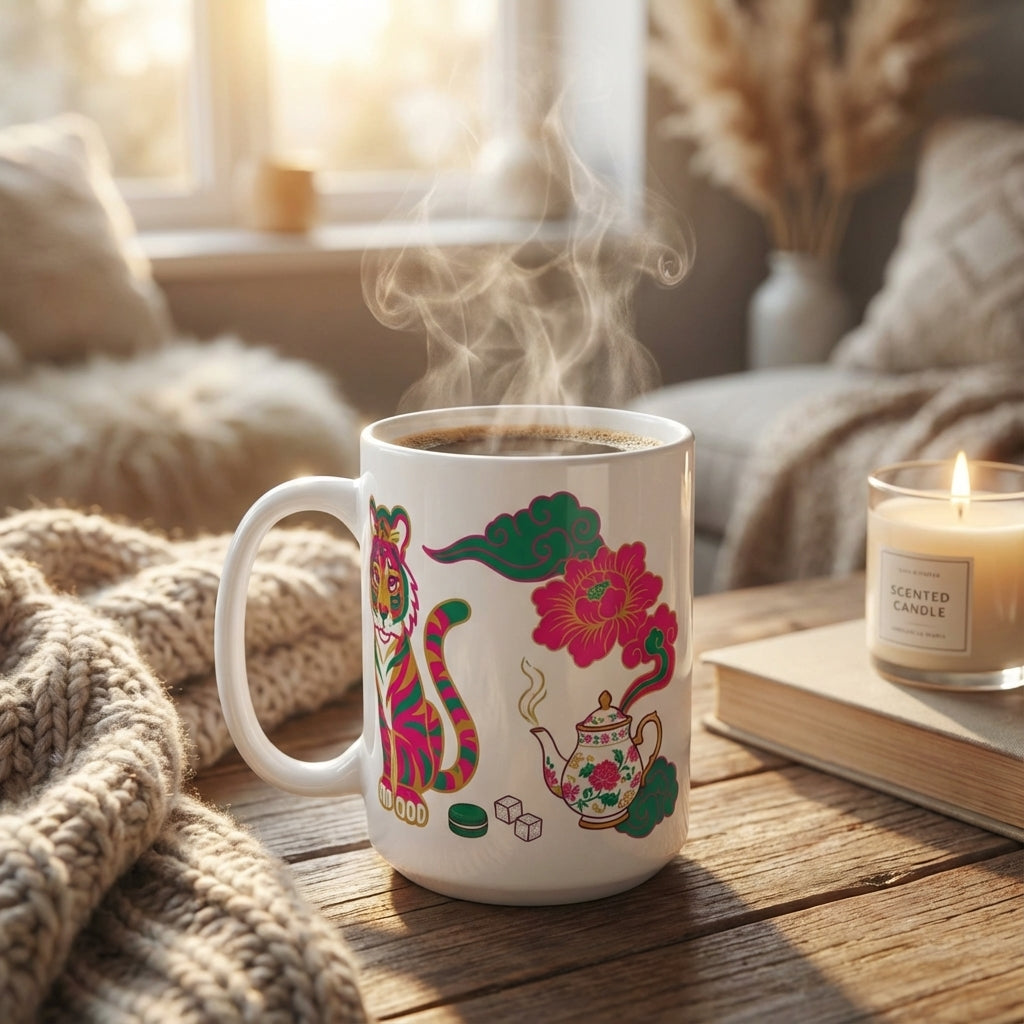 Mahjong Night Tigers - Tea Time Tiger - 15oz Mug