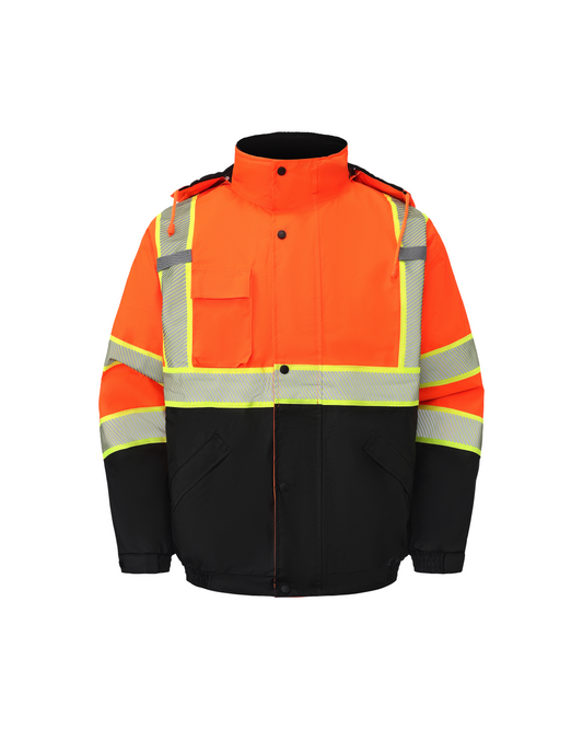 Kingstone High Visibility Hooded and Fleece Lined ANSI/ISEA 107-2020, Type R, Class 3 Two-Tone, Contrast Trimmed Orange Safety Jacket [R]