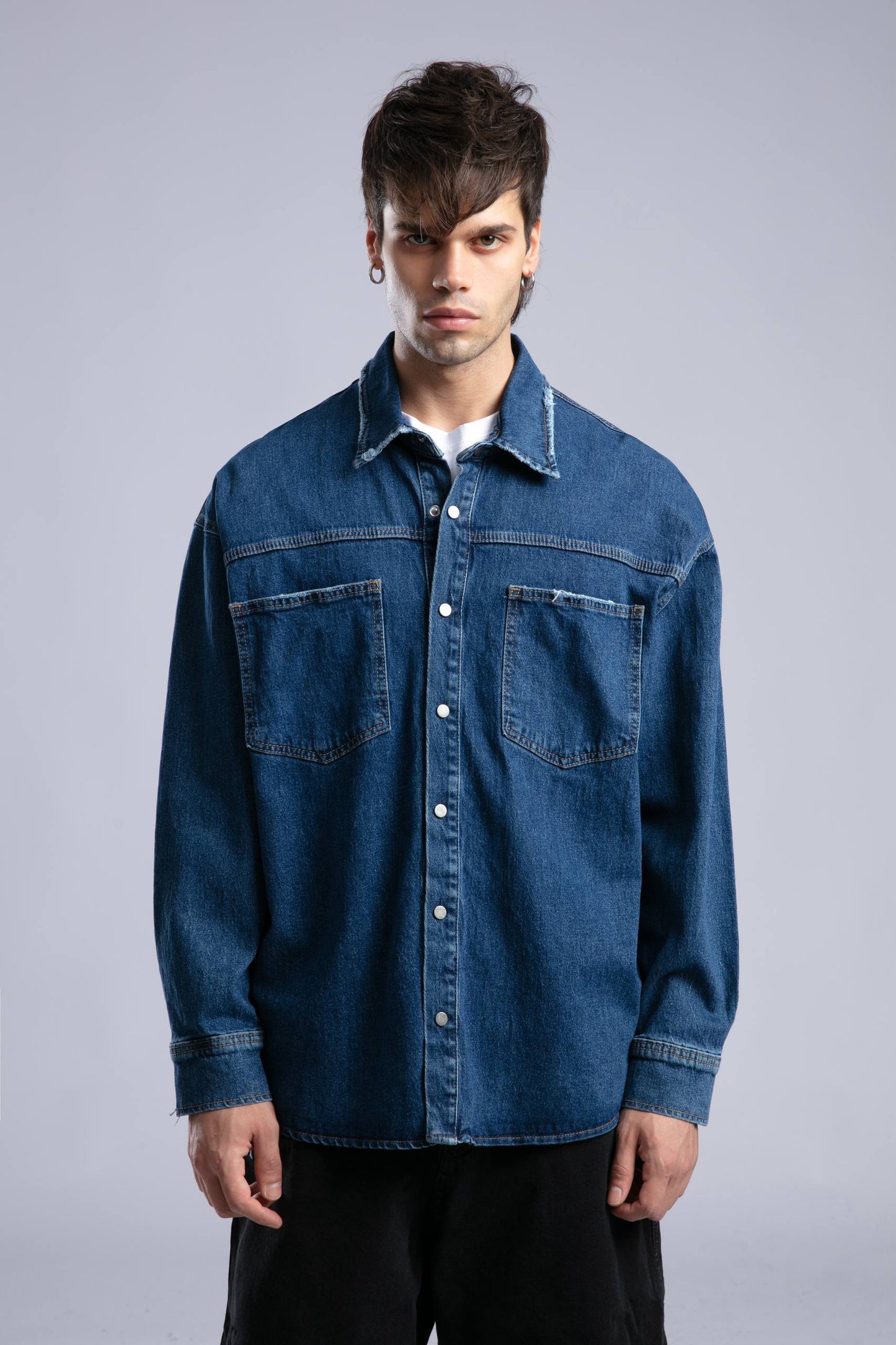 Oversized Distressed Denim Shirt - Unisex Button-Up Jacket
