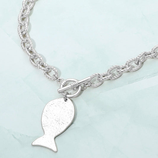 Brushed Metal Fish Charm Toggle Necklace