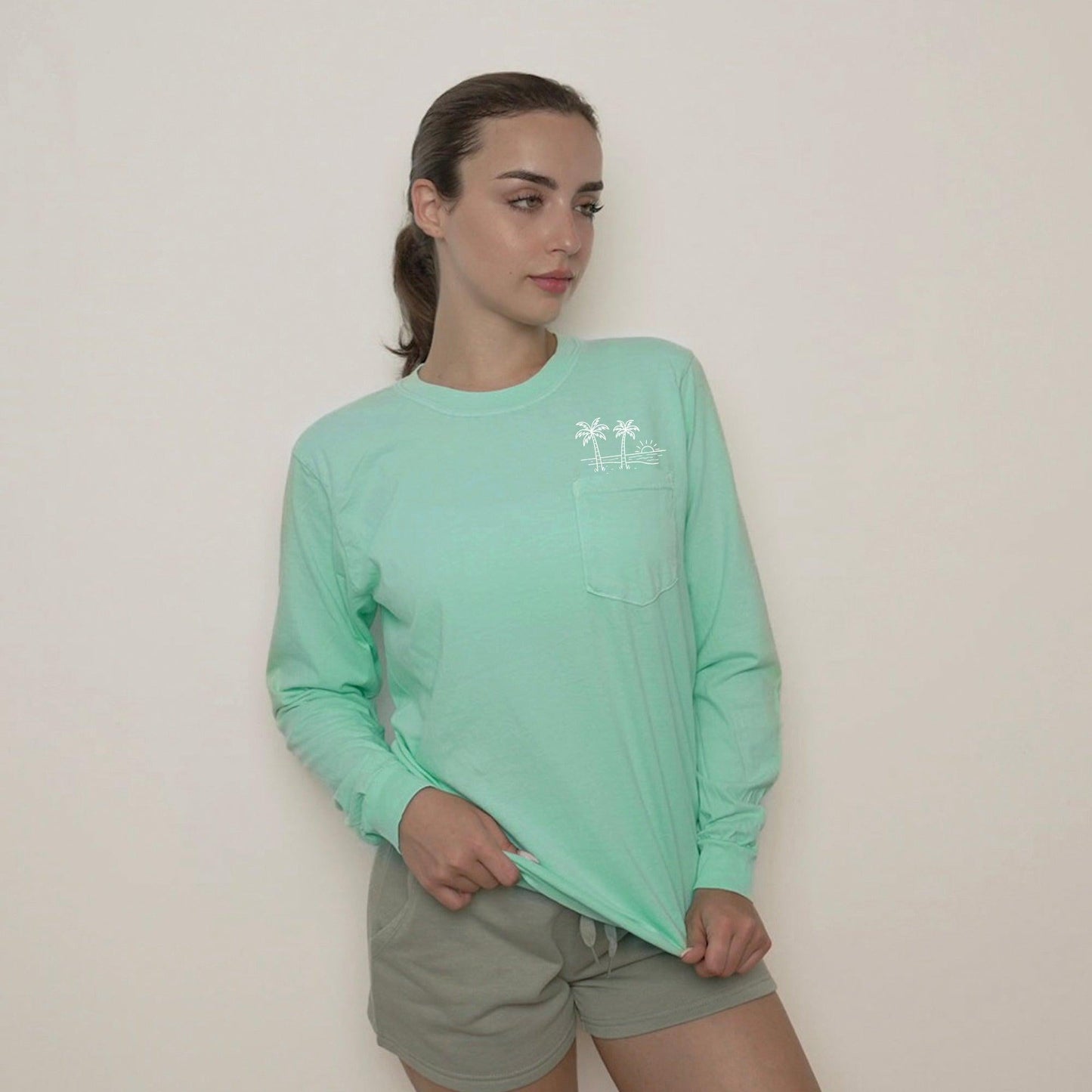 Palm Tree Beach Vacation Pocket Comfort Colors Long Sleeve Shirt