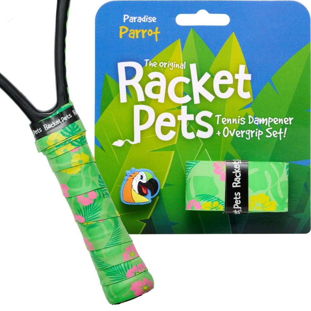 Parrot Tennis Overgrip Tape and Matching Shock Absorbing Dampener for Tennis Racket