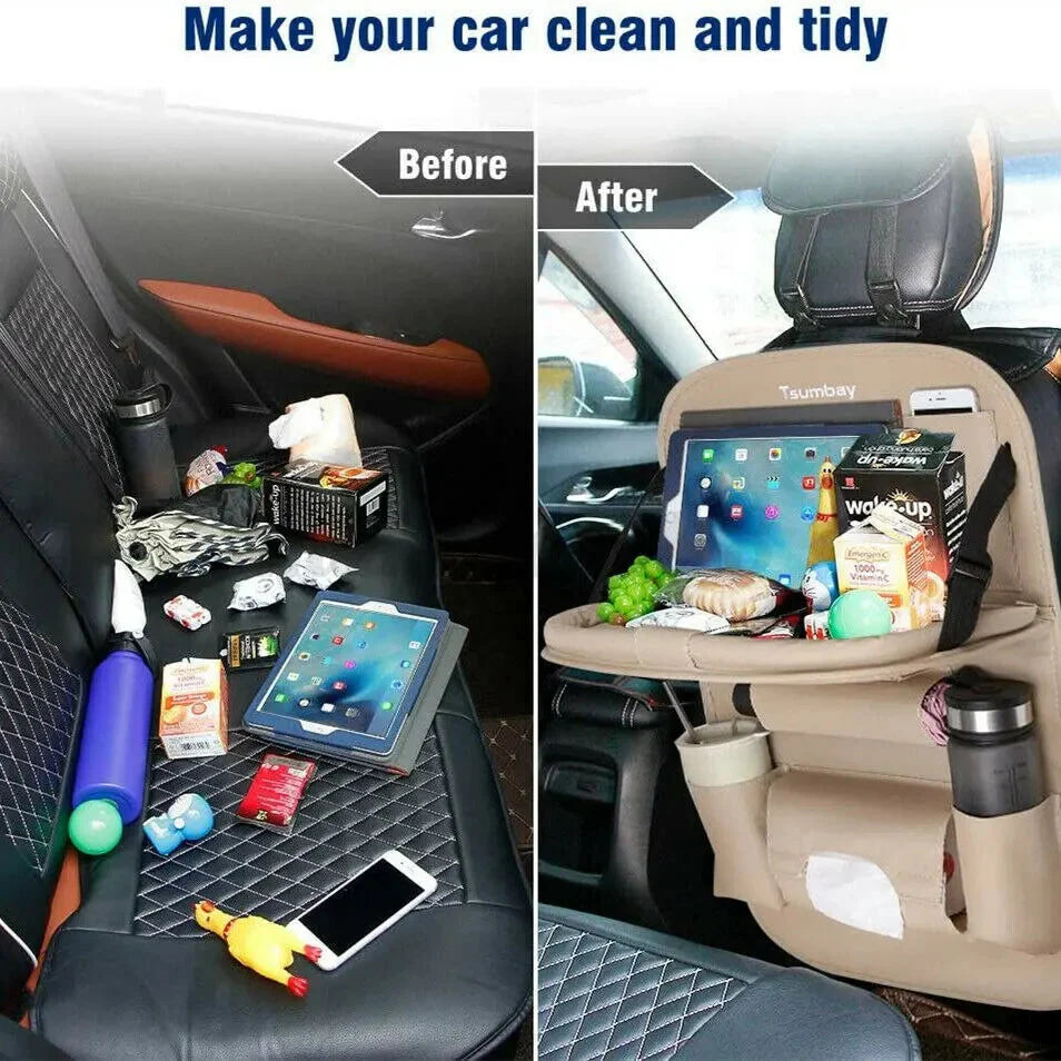 Car Seat Back Organizer with Foldable Table Tray - PU Leather Storage with Pockets & Kick Mats