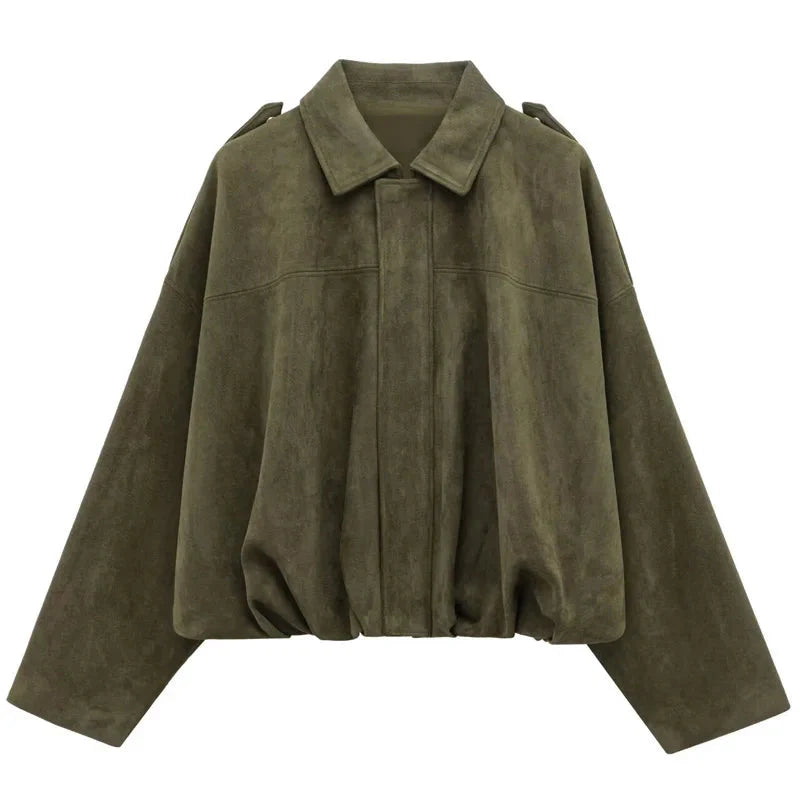 Women’s Suede Bomber Jacket - Cropped High Street Racing Style with Zipper