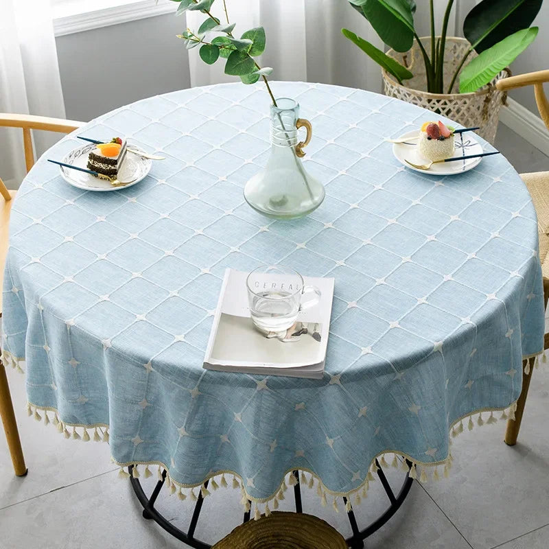 Solid Embroidery Lattice Tablecloth Cotton Linen Dust-Proof Checkered Table Cover for Kitchen Dinning Tabletop Decoration