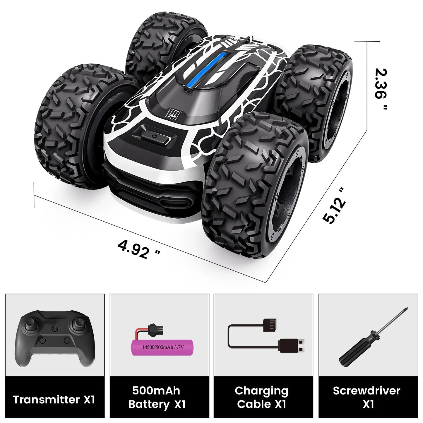 RC Stunt Car with LED Lights - 360° Rotating Double-Sided Remote Control Car for Kids, 2.4GHz, Black