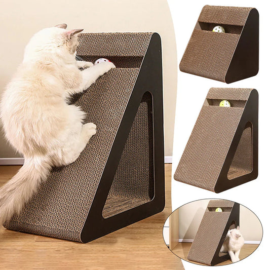 2-in-1 Cat Scratcher Triangle Toy with Spinning Balls – Sturdy Corrugated Cardboard Anti-Scratch Board for Stress Relief & Indoor Play