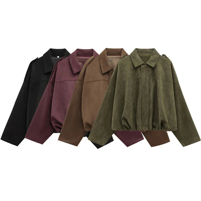 Women’s Suede Bomber Jacket - Cropped High Street Racing Style with Zipper
