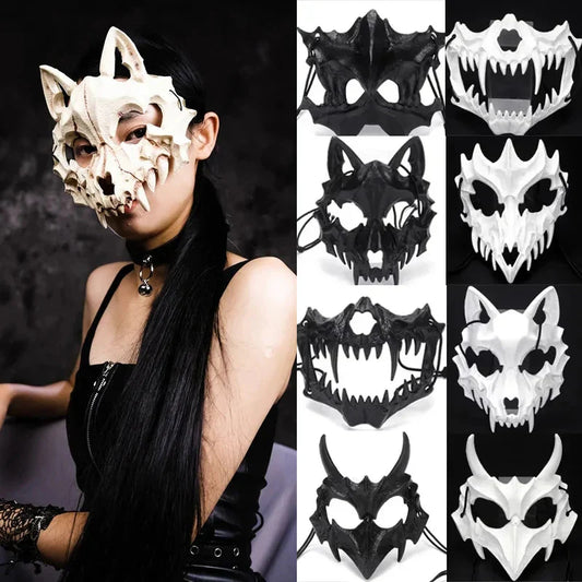 Halloween Half-Face Mask - Dragon, Tiger, Tengu, Wolf, and Skull Designs