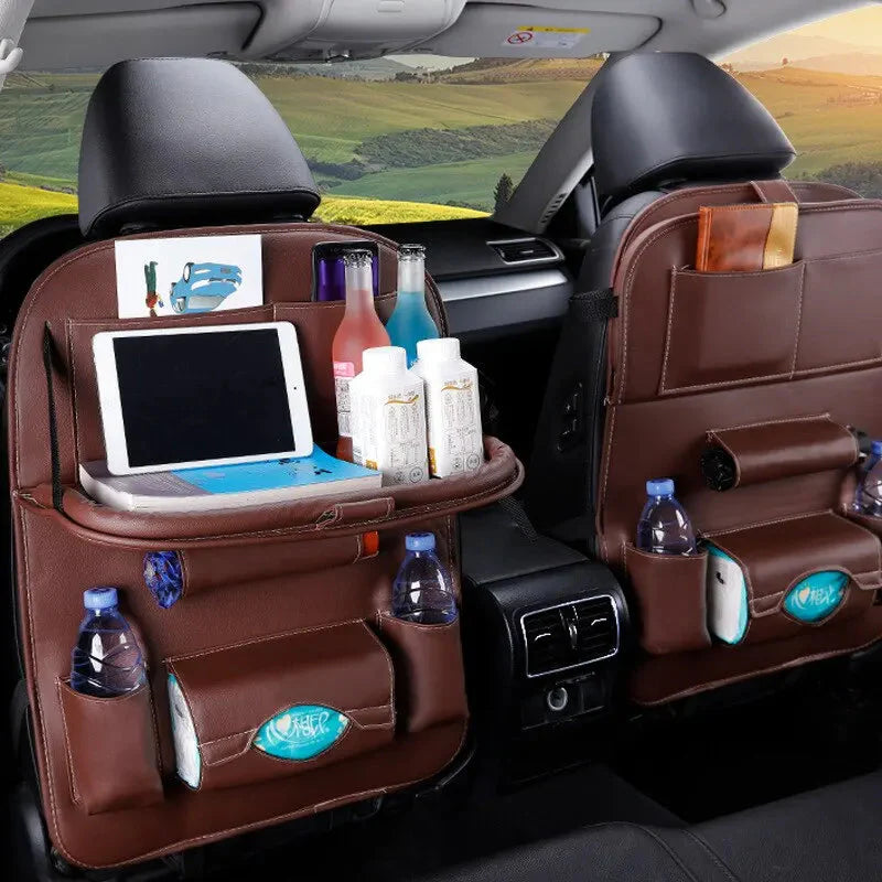 Car Seat Back Organizer with Foldable Table Tray - PU Leather Storage with Pockets & Kick Mats