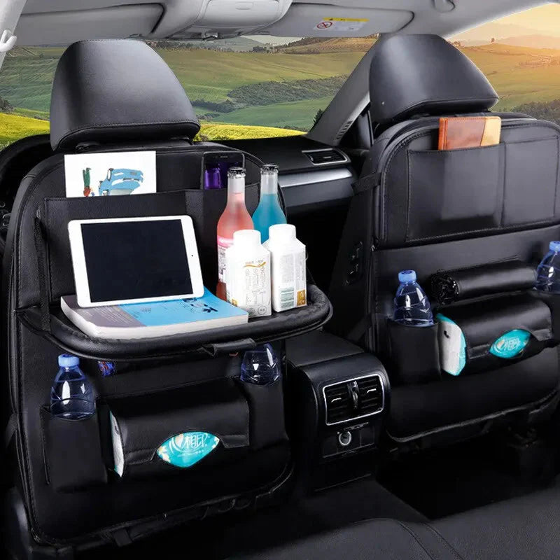 Car Seat Back Organizer with Foldable Table Tray - PU Leather Storage with Pockets & Kick Mats