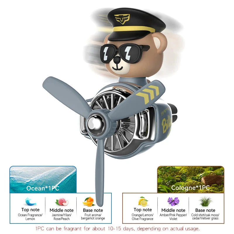 Rotating Airplane Pilot Bear Car Air Freshener - Vent Clip Fragrance Diffuser