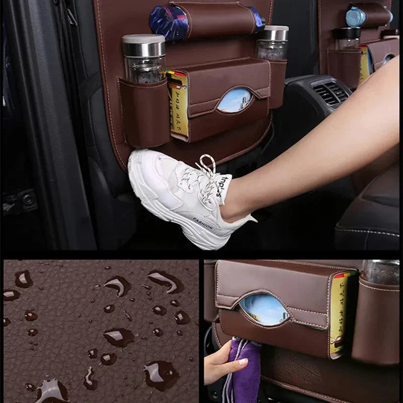 Car Seat Back Organizer with Foldable Table Tray - PU Leather Storage with Pockets & Kick Mats