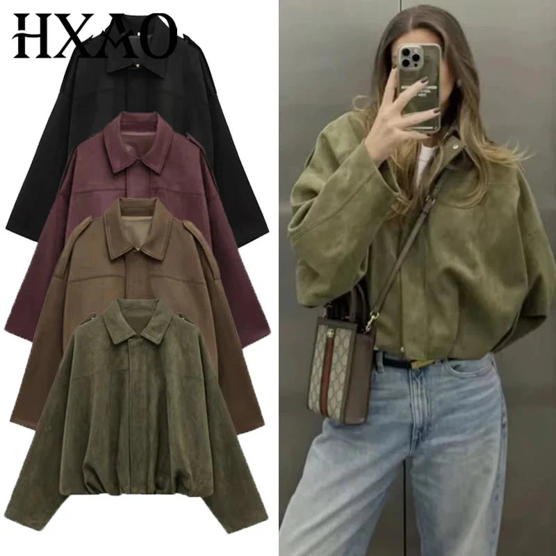 Women’s Suede Bomber Jacket - Cropped High Street Racing Style with Zipper