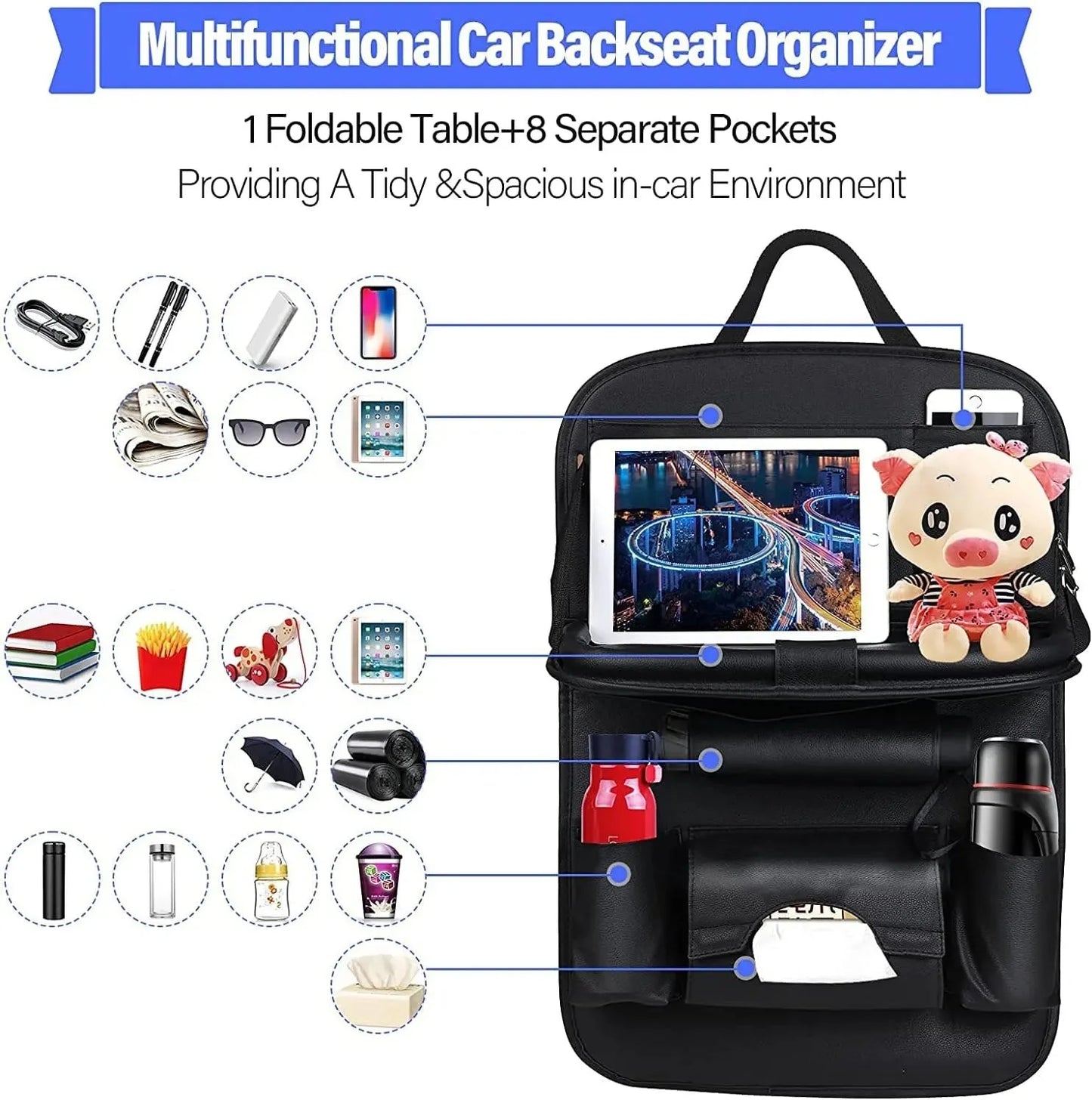 Car Seat Back Organizer with Foldable Table Tray - PU Leather Storage with Pockets & Kick Mats