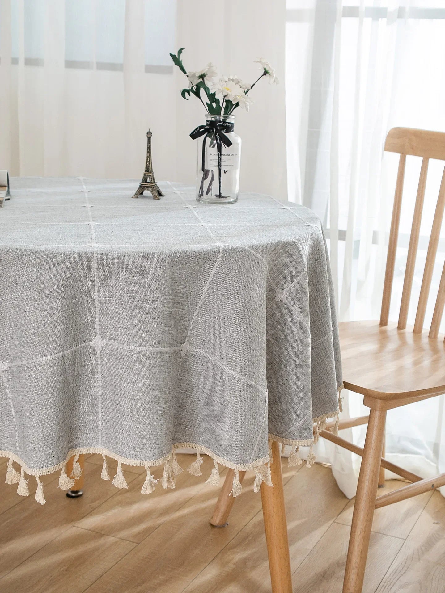 Solid Embroidery Lattice Tablecloth Cotton Linen Dust-Proof Checkered Table Cover for Kitchen Dinning Tabletop Decoration